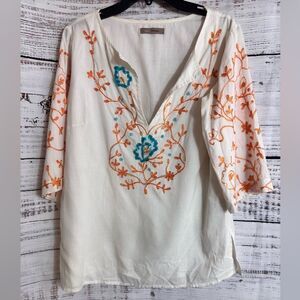 LA Casual Top Womens Size Small Tunic Sequin Beaded Cotton Embroidered Boho